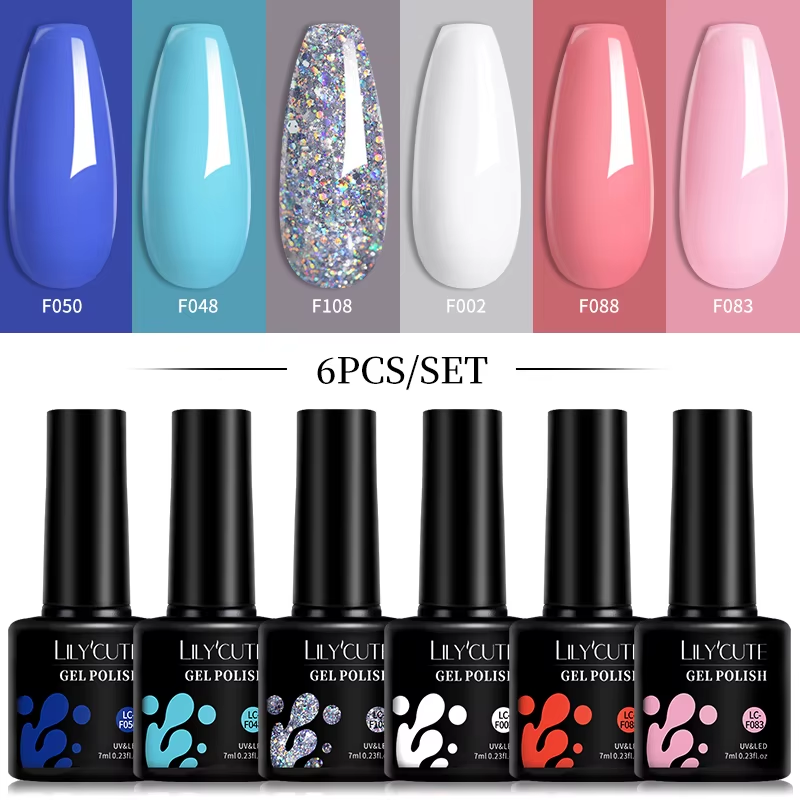 LILYCUTE 6Pcs 7ml Bright Pink UV/LED Gel Polish Set Semi Permanent Nail Art Kit