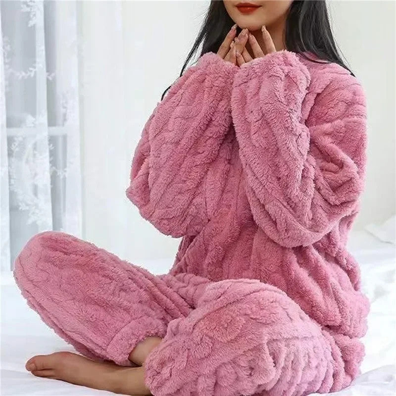 Women’s Soft Coral Velvet Jacquard Pajama Set Warm Winter Cozy Loungewear