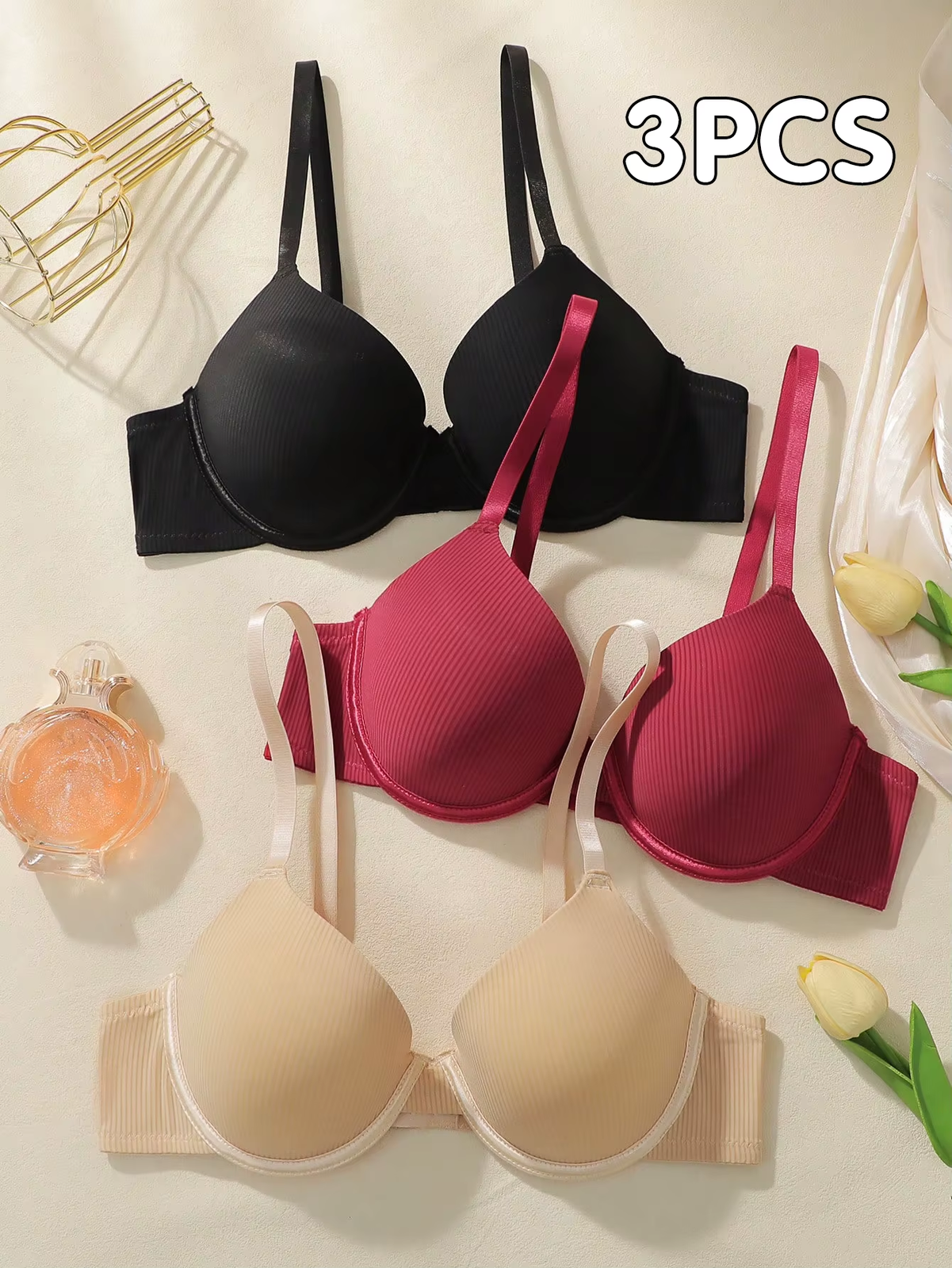 3-Pack Women’s Full Coverage Underwire T-Shirt Bra Soft Padded Everyday 70B-85B