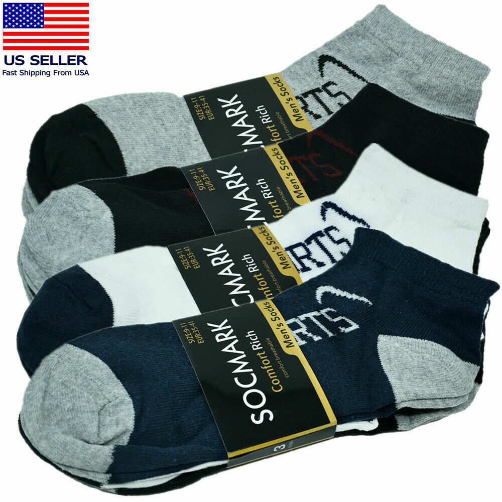 3-12 Pairs Men’s Cotton Sports Socks – Ankle, Quarter & Crew, Low Cut, Size 9-13