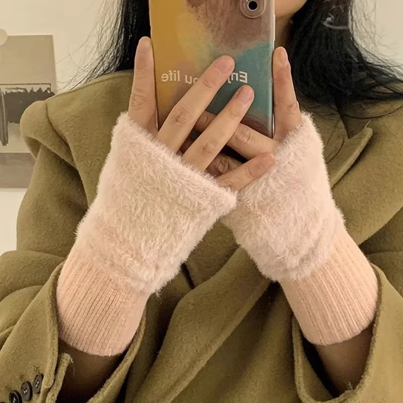 Women’s Winter Half-Finger Gloves Warm Plush Cute Office Knitted Hand Warmers