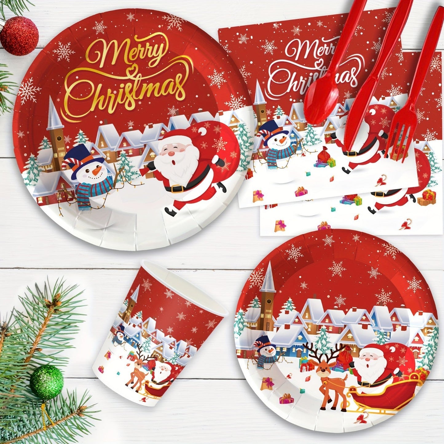 175PCS Christmas Party Supply Set Plates Cups Napkins Utensils Snowflakes Xmas