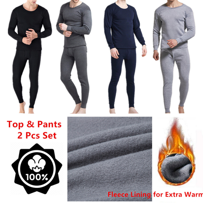 Men’s Winter Thermal Long Johns Set – Fleece 100% Cotton Top & Bottom Underwear