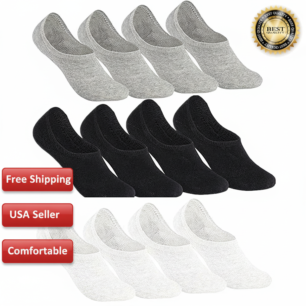 Men’s No-Show Invisible Socks – 3–12 Pairs, Low Cut Cotton, Nonslip Socks, White