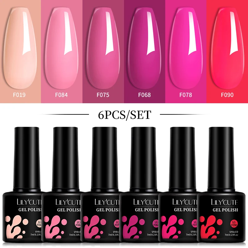 LILYCUTE 6Pcs 7ml Bright Pink UV/LED Gel Polish Set Semi Permanent Nail Art Kit