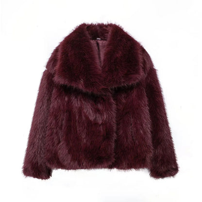 Women’s Faux Fur Cropped Jacket Chic Thick Warm Coat with Lapel Collar & Buttons