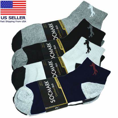 3-12 Pairs Men’s Cotton Sports Socks – Ankle, Quarter & Crew, Low Cut, Size 9-13
