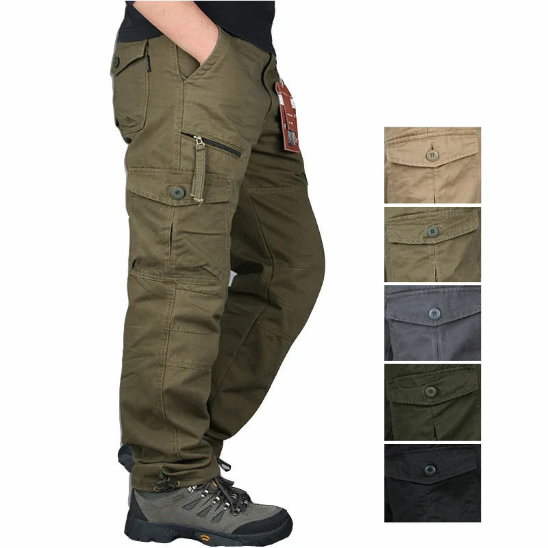 Men’s Autumn Cargo Pants Outdoor Work Tactical Cotton Warm Khaki Trousers