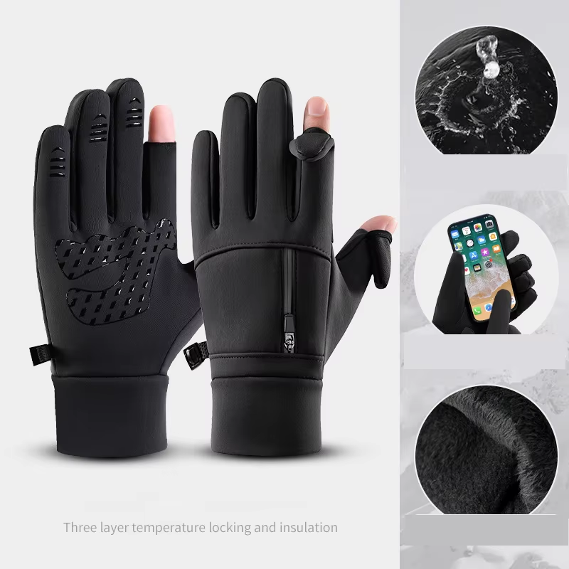 Winter Cycling Gloves Men Women Warm Touchscreen Windproof Water-Repellent Zip