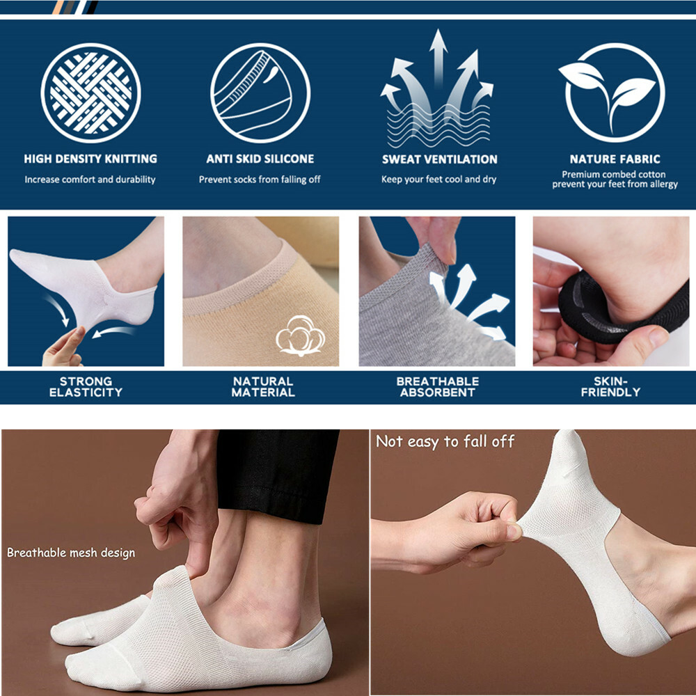 Men’s No-Show Invisible Socks – 3–12 Pairs, Low Cut Cotton, Nonslip Socks, White