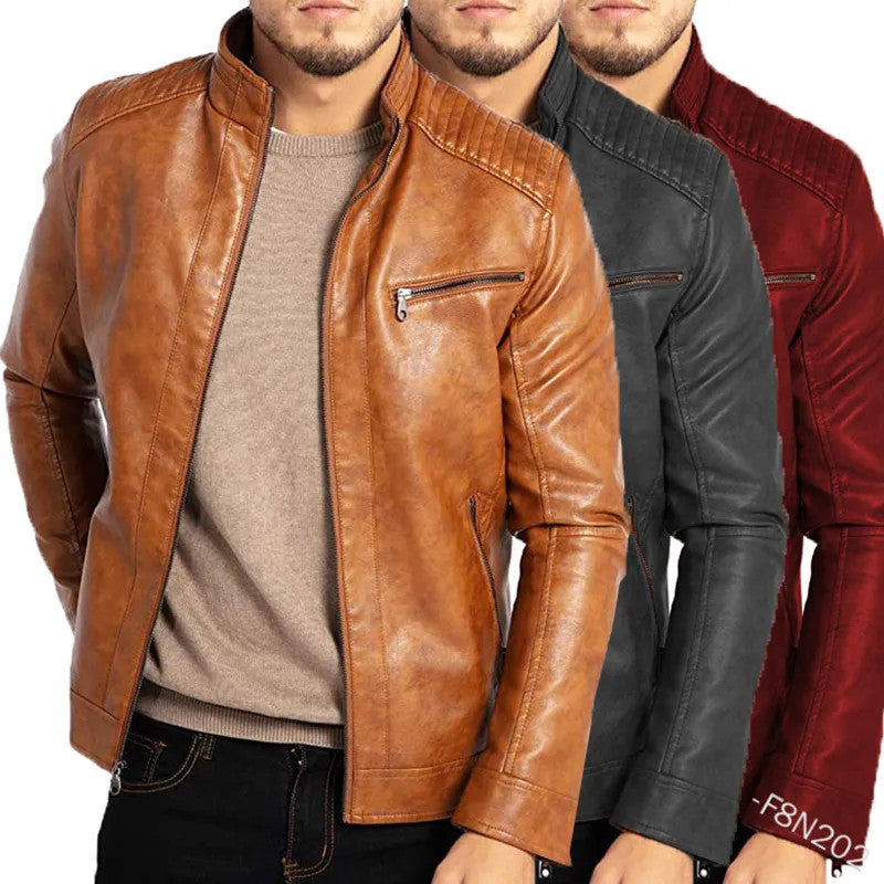 Men’s PU Leather Motorcycle Jacket – Stand-Up Collar Punk Biker Style Fashion