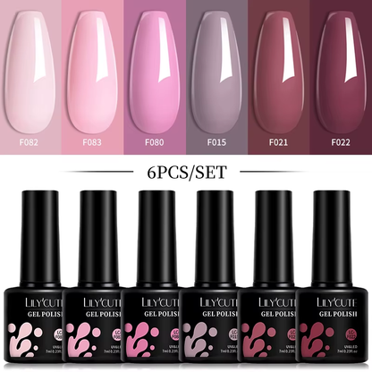 LILYCUTE 6Pcs 7ml Bright Pink UV/LED Gel Polish Set Semi Permanent Nail Art Kit