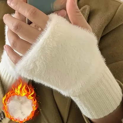 Women’s Winter Half-Finger Gloves Warm Plush Cute Office Knitted Hand Warmers