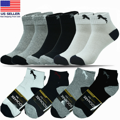 3-12 Pairs Men’s Cotton Sports Socks – Ankle, Quarter & Crew, Low Cut, Size 9-13
