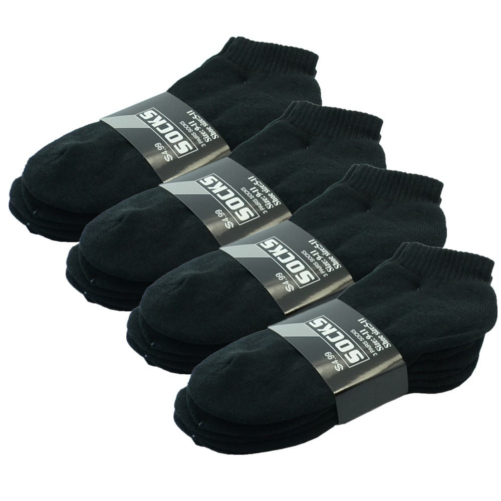Black 3-12 Pairs Men’s Cotton Socks – Ankle, Quarter & Crew, Thick , Low Cut