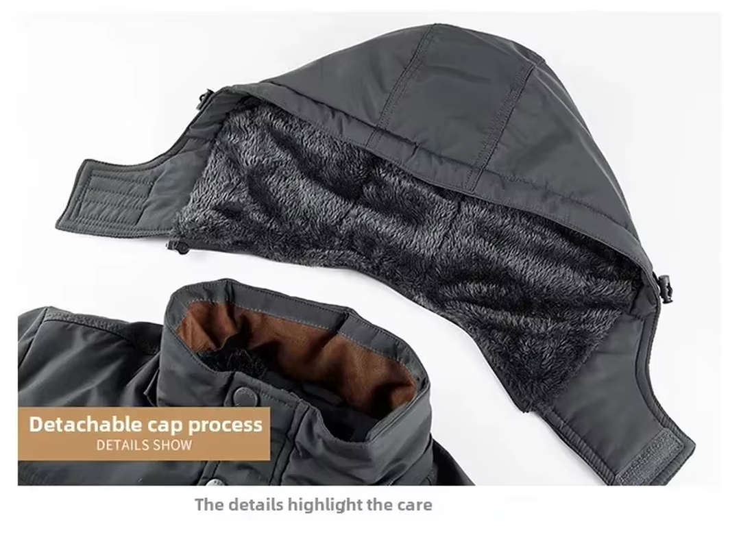 Men’s Winter Cotton Jacket with Detachable Hood, Stand Collar Outdoor Coat