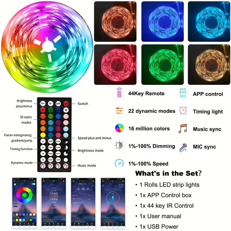 USB LED Strip Lights RGB 5050 Color Changing APP Control Flexible Tape Light