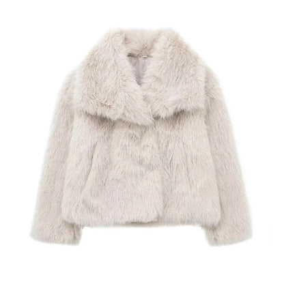 Women’s Faux Fur Cropped Jacket Chic Thick Warm Coat with Lapel Collar & Buttons