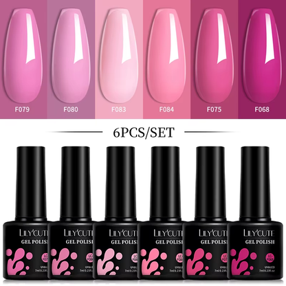 LILYCUTE 6Pcs 7ml Bright Pink UV/LED Gel Polish Set Semi Permanent Nail Art Kit