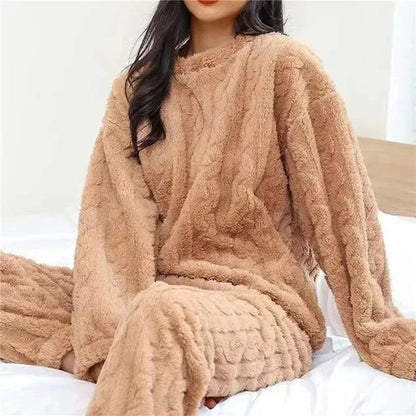 Women’s Soft Coral Velvet Jacquard Pajama Set Warm Winter Cozy Loungewear