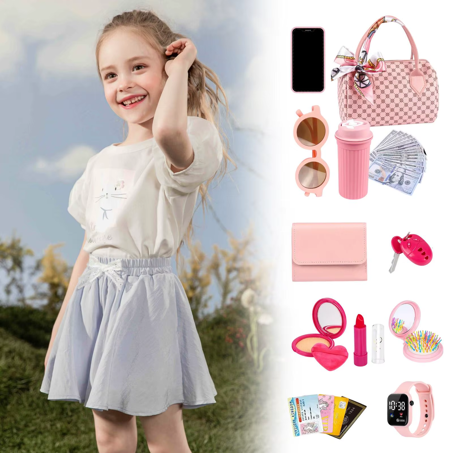 Girls Pretend Play Purse & Makeup Toy Set – Princess Accessories Gift Kit