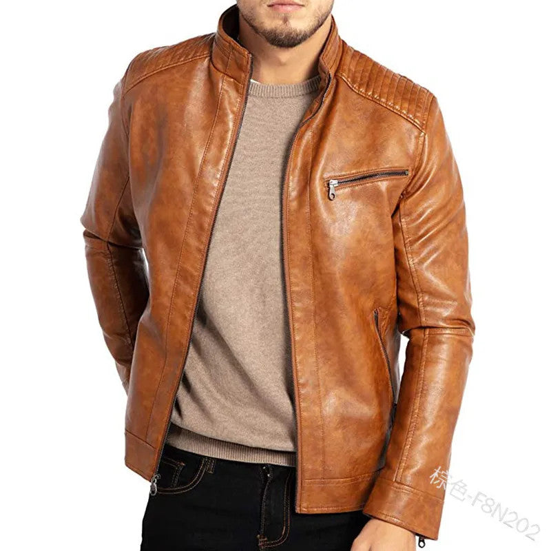 Men’s PU Leather Motorcycle Jacket – Stand-Up Collar Punk Biker Style Fashion