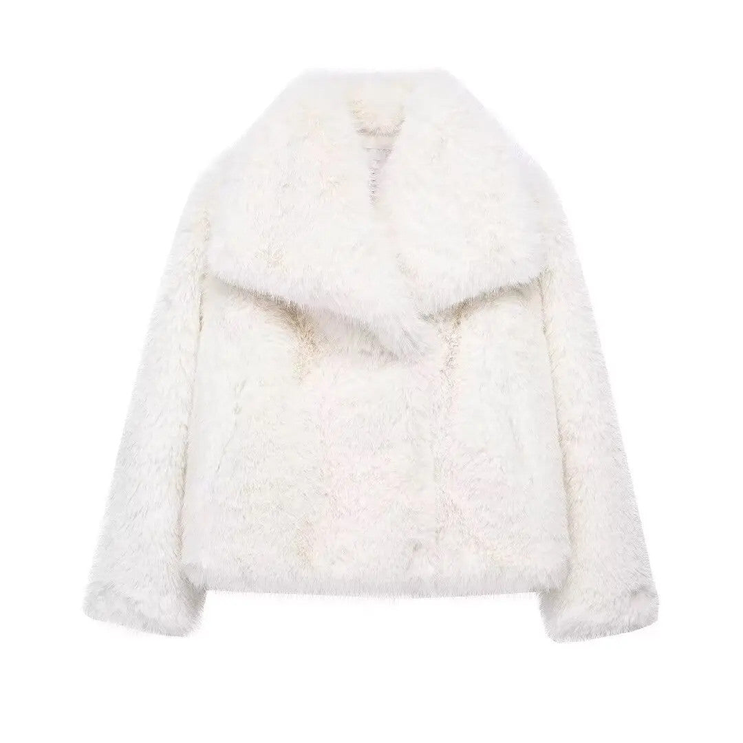 Women’s Faux Fur Cropped Jacket Chic Thick Warm Coat with Lapel Collar & Buttons