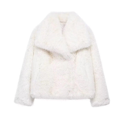 Women’s Faux Fur Cropped Jacket Chic Thick Warm Coat with Lapel Collar & Buttons