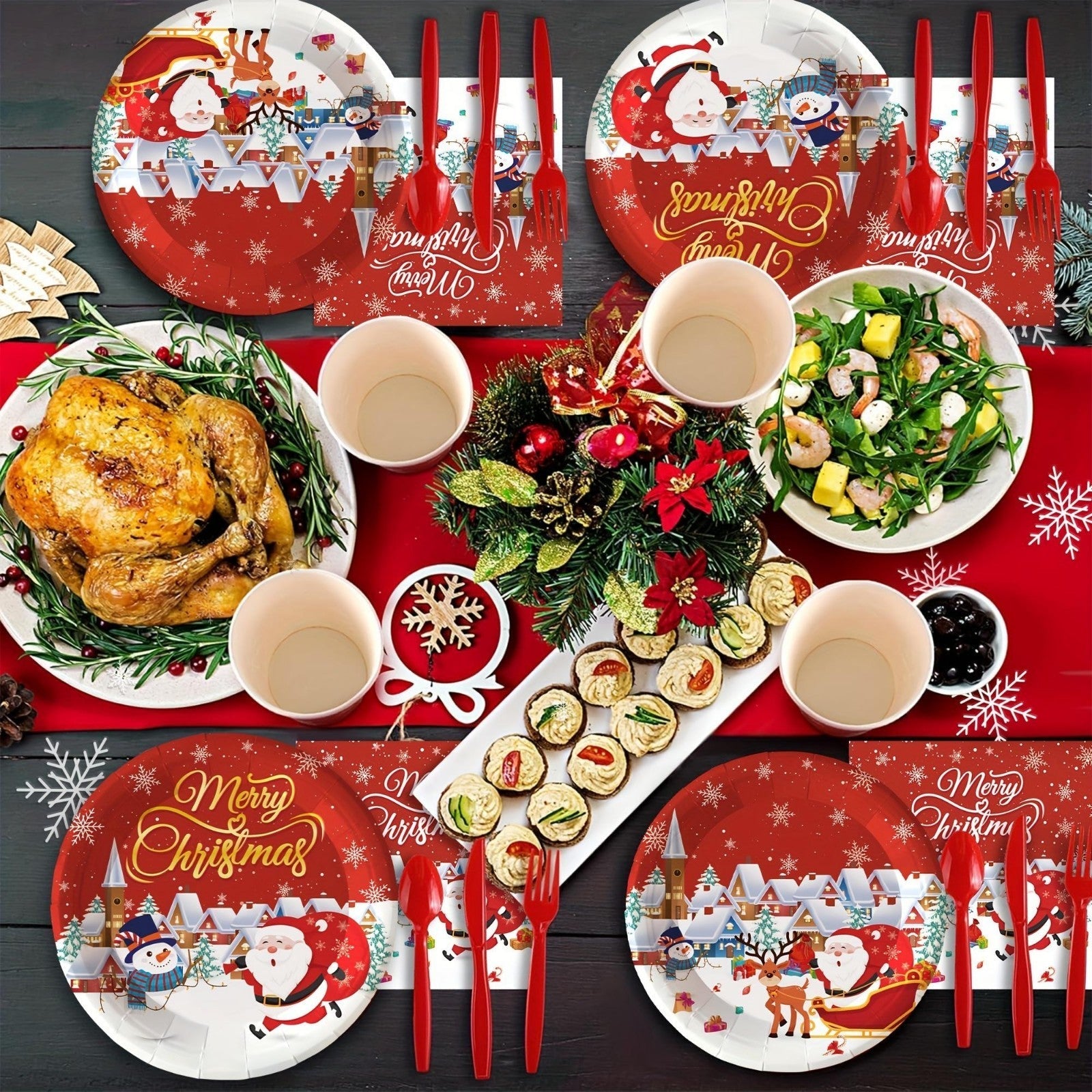 175PCS Christmas Party Supply Set Plates Cups Napkins Utensils Snowflakes Xmas