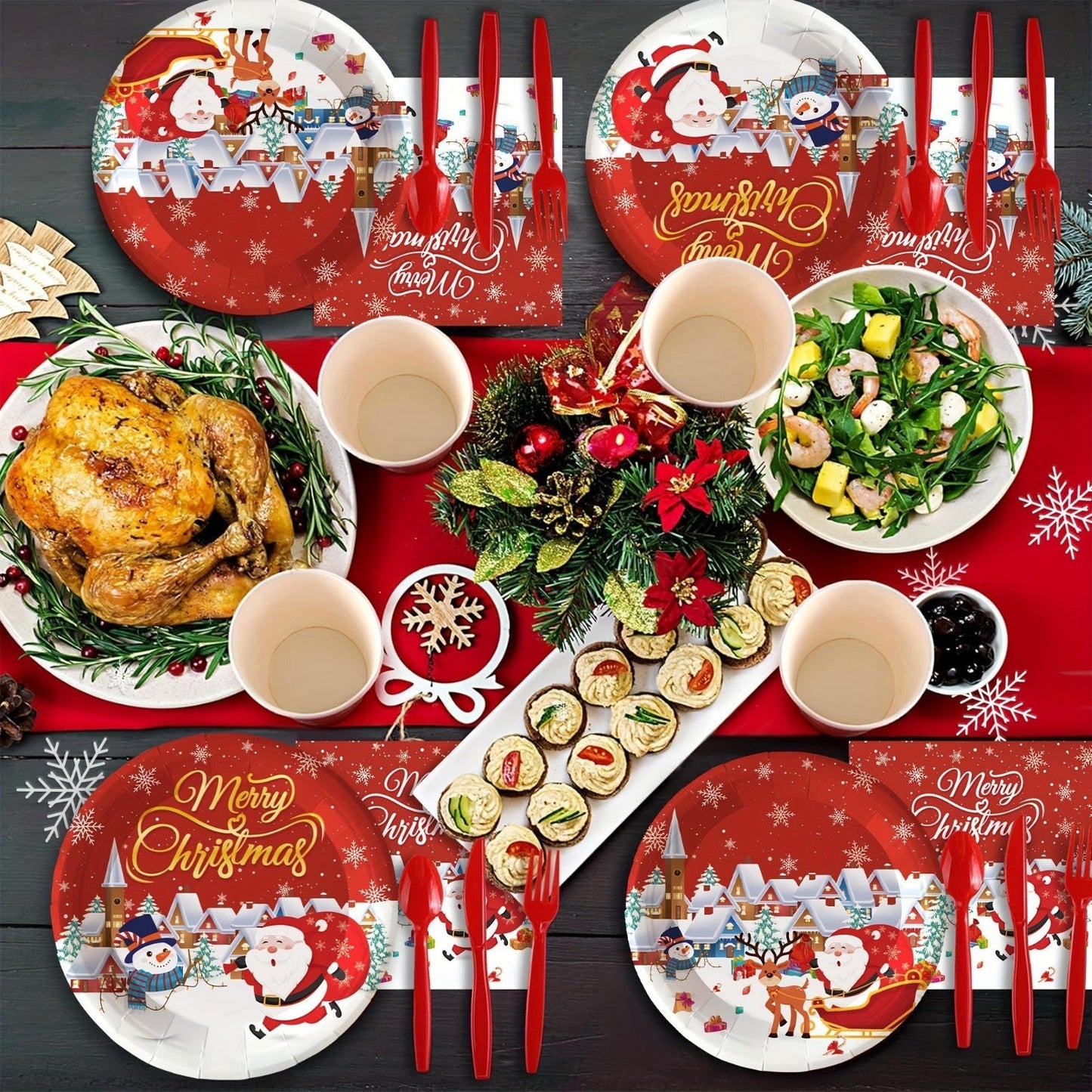 175PCS Christmas Party Supply Set Plates Cups Napkins Utensils Snowflakes Xmas