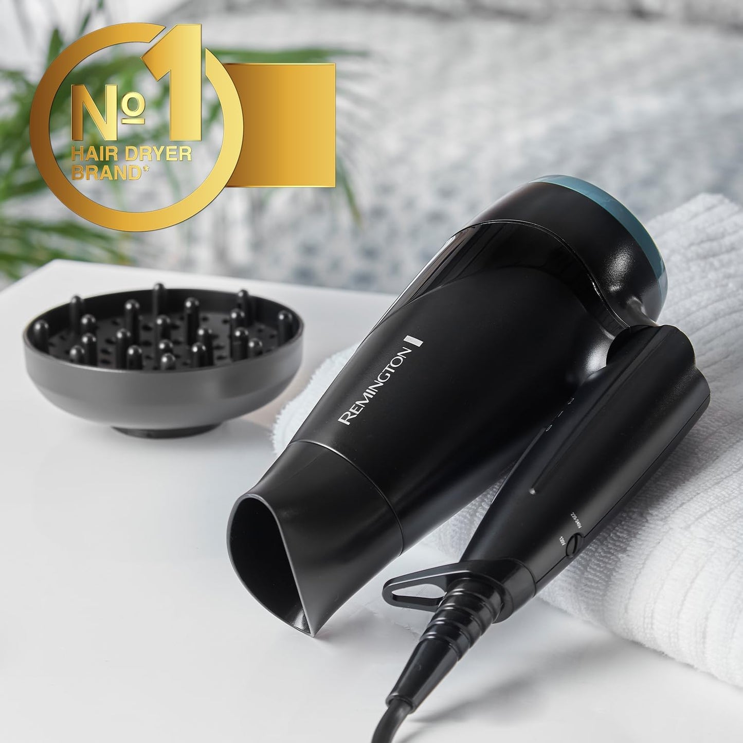 Remington Travel Hair Dryer (Diffuser, Concentrator, Folding Handle, Lightweight Compact Design, Worldwide Voltage, 2 Heat / 2 Speed Settings, 2000W) D1500