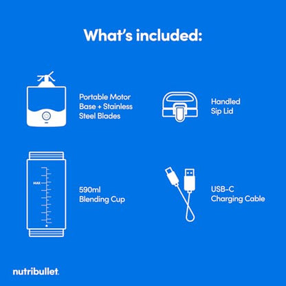 nutribullet Portable Blender in Black - Powerful Extractor Blade, 475ml Cup, To-Go Lid, USB-C Charging Cable & User Guide - Delivers 15+ Blending Cycles - Healthy Shakes On The Move