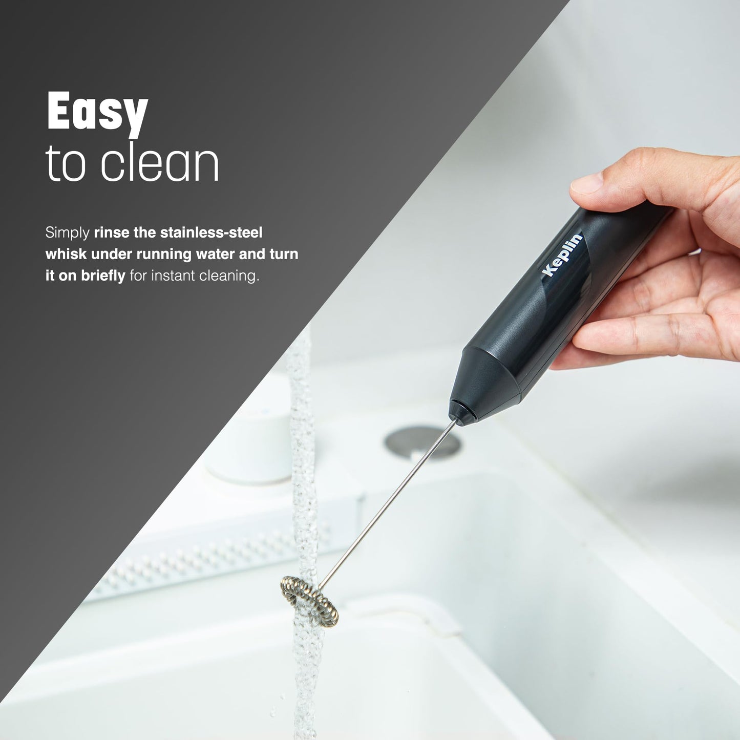 Keplin Handheld Milk Frother - Stainless Steel Electric Whisk - Portable Battery-Operated Coffee Frother for Lattes, Matcha, Protein Shakes - Ergonomic, Compact, Easy to Clean (Battery Not Included)