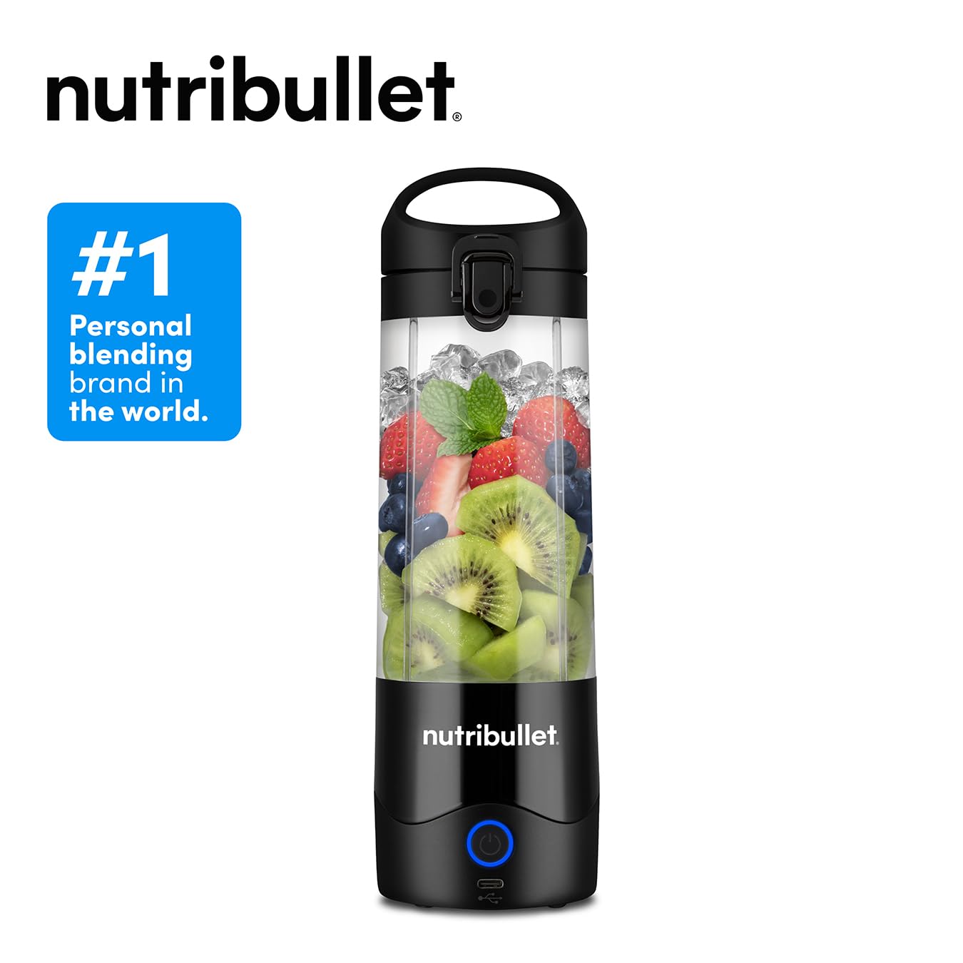 nutribullet Portable Blender in Black - Powerful Extractor Blade, 475ml Cup, To-Go Lid, USB-C Charging Cable & User Guide - Delivers 15+ Blending Cycles - Healthy Shakes On The Move