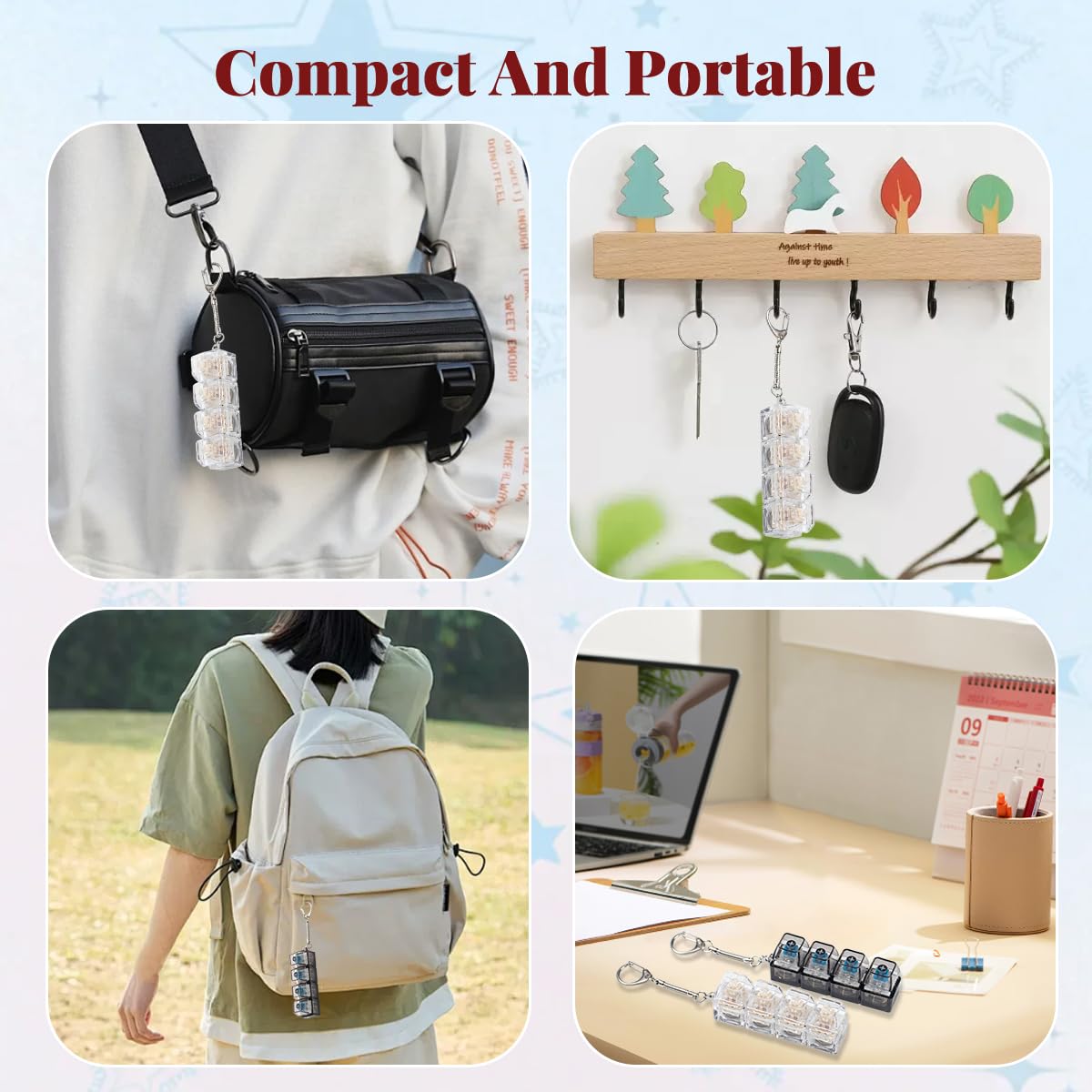 2 Pcs Keyboard Fidget Toy for Adults Fidget Keyboard Clicker Toys with LED Lights Keychain Stress Relief for Anxiety Decompression (Black and White)