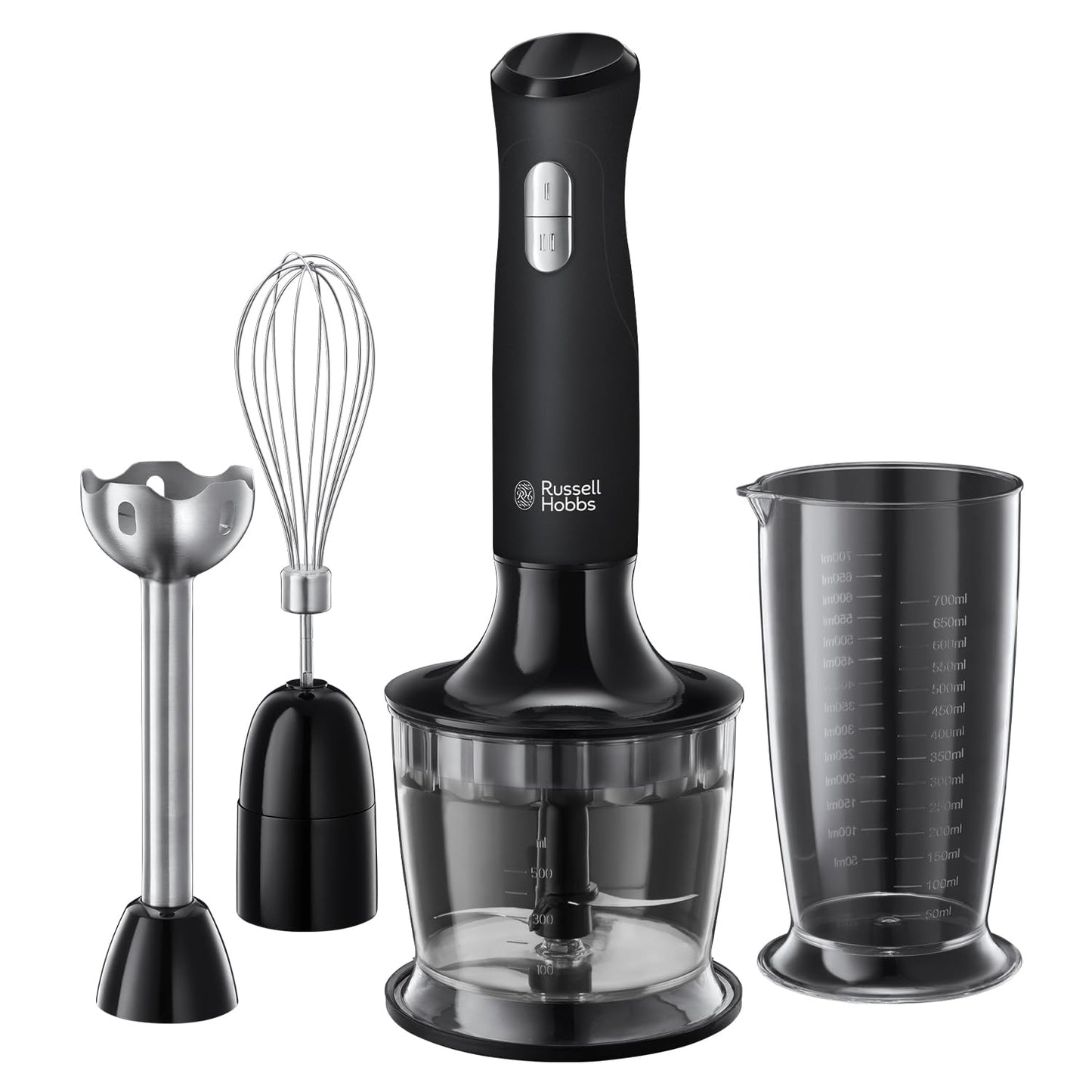 Russell Hobbs Desire 3 in 1 Electric Hand Blender, Fruit & Veg Mini Chopper & Whisk attachment, Stainless steel blending leg, whisk & blades, 500ml capacity chopping bowl & 700ml beaker, 500W, 24702