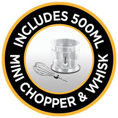 Russell Hobbs Desire 3 in 1 Electric Hand Blender, Fruit & Veg Mini Chopper & Whisk attachment, Stainless steel blending leg, whisk & blades, 500ml capacity chopping bowl & 700ml beaker, 500W, 24702