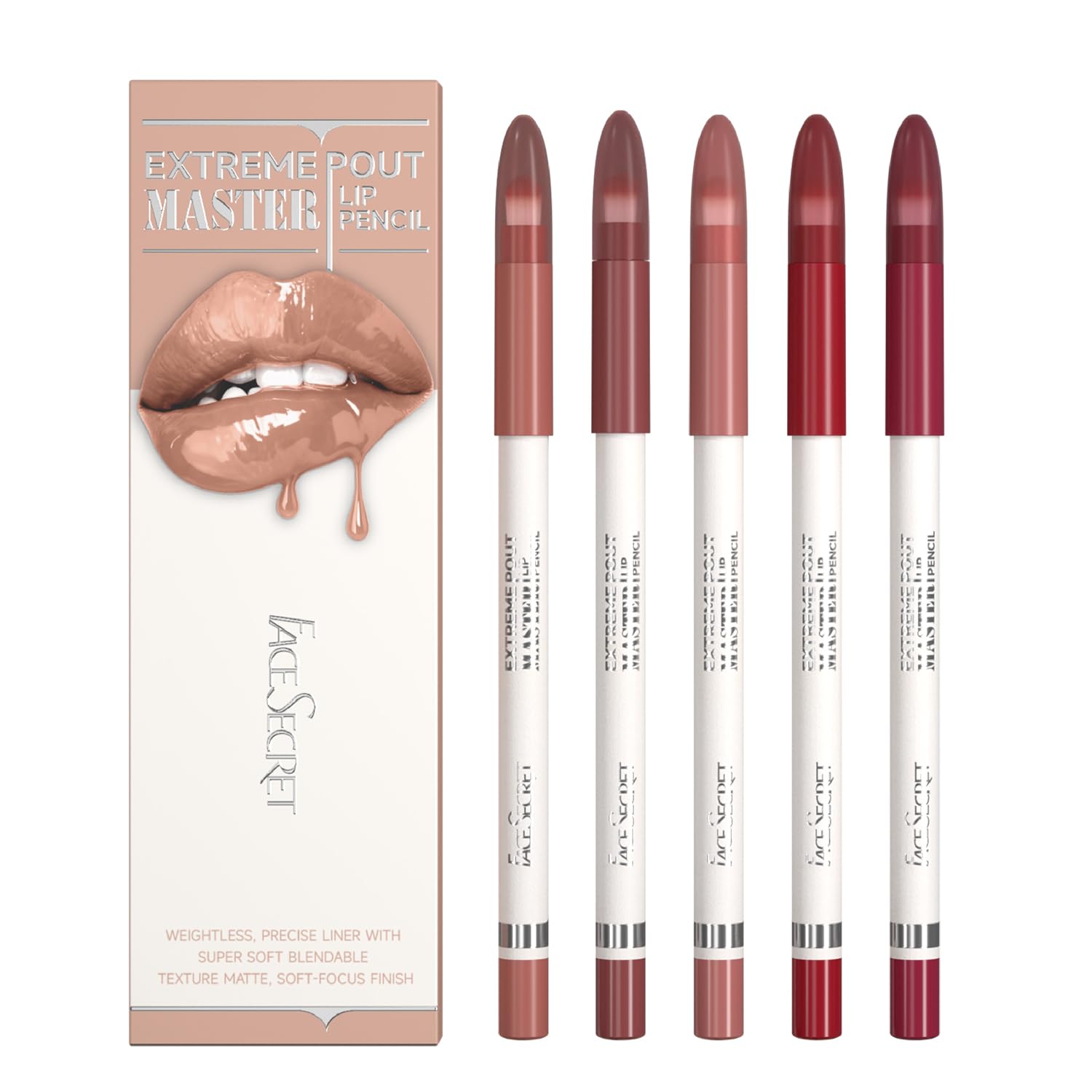 5PCS Extreme Master Lip Pencil Set, Matte Nude Lip Contour Lip Liner with Built-In Blending Brush, Smooth Long-Wear for Defined Lips (#01 ROSE COCOA)
