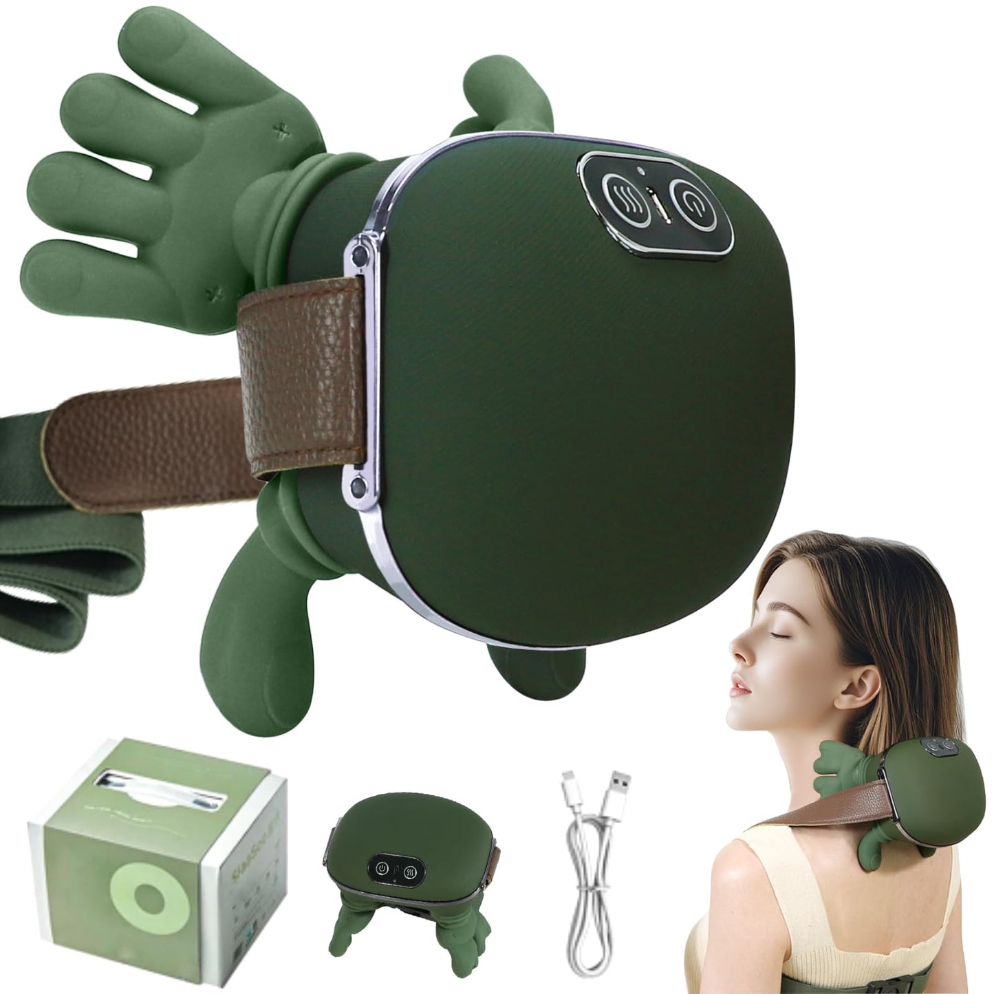 Neck and Shoulder Massager,Portable Shiatsu Back Massage Hand-Shaped Deep Tissue 4D Kneading Massager with Heat for Pain Relief and Muscle Relax,Christmas Gifts for Women Men,(Green)