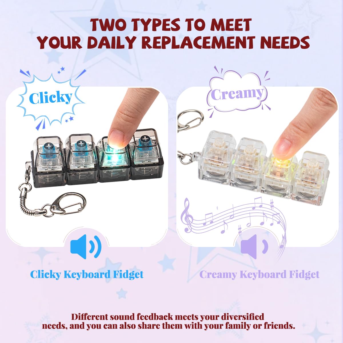 2 Pcs Keyboard Fidget Toy for Adults Fidget Keyboard Clicker Toys with LED Lights Keychain Stress Relief for Anxiety Decompression (Black and White)