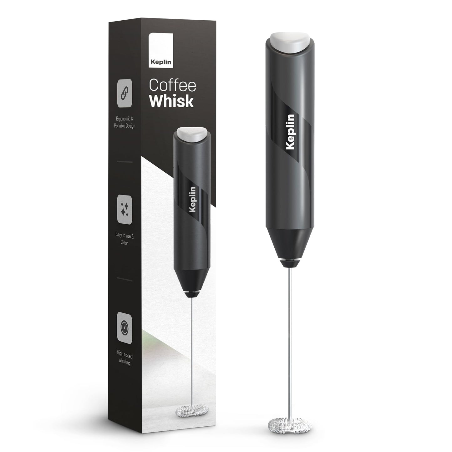 Keplin Handheld Milk Frother - Stainless Steel Electric Whisk - Portable Battery-Operated Coffee Frother for Lattes, Matcha, Protein Shakes - Ergonomic, Compact, Easy to Clean (Battery Not Included)