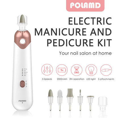 POLAMD Professional Electric Manicure Pedicure Set, Cordless Rechargeable Nail File & Drill Kit, 5-Speed, LED Light, 6 Attachments for Acrylic Gel Nail Cuticles Hard Skin Removal Nail Care