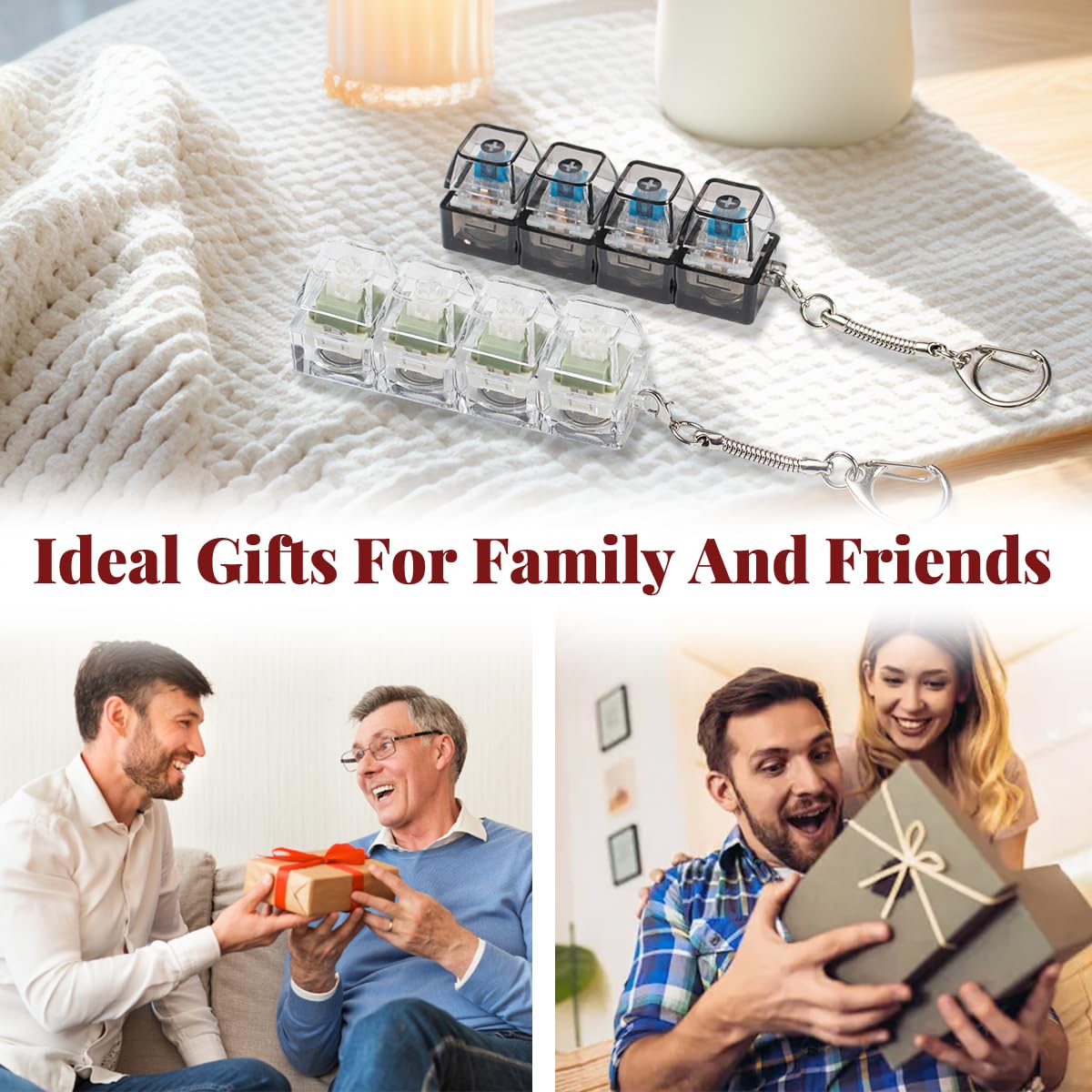 2 Pcs Keyboard Fidget Toy for Adults Fidget Keyboard Clicker Toys with LED Lights Keychain Stress Relief for Anxiety Decompression (Black and White)