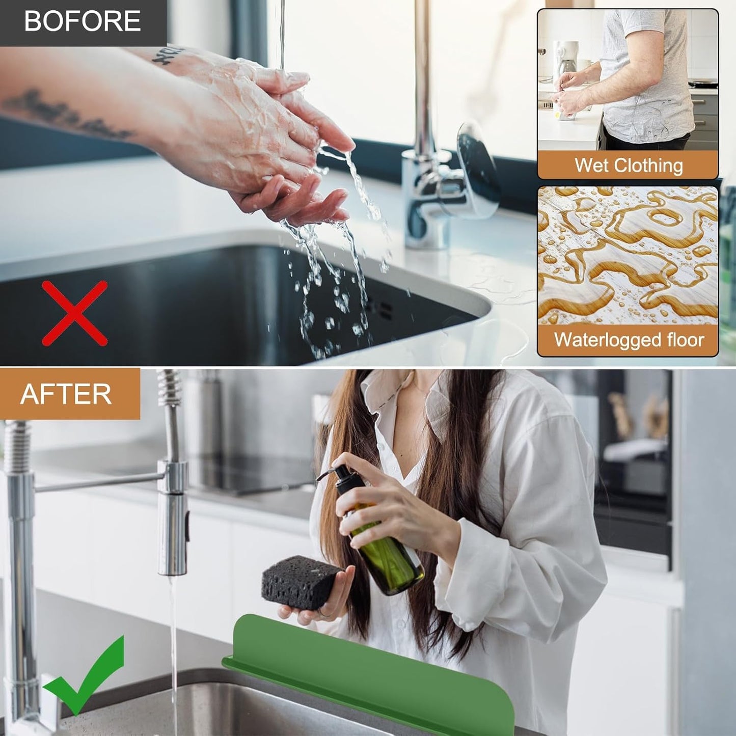 Kitchen Sink Splash Guard Silicone Sink Water Splash Guard Splatter Baffle Board With Sponge Holder For Home Countertop Protector(mint green)