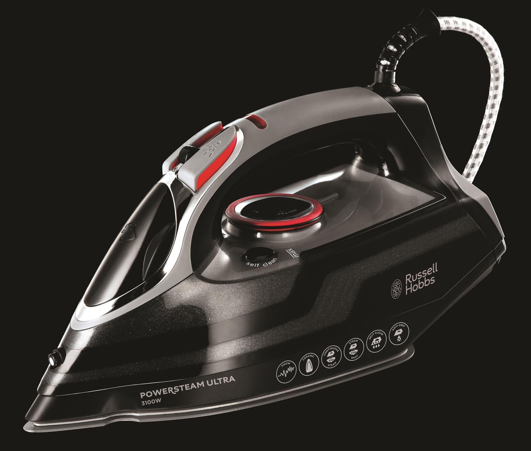 Russell Hobbs Steam Iron [3100W, 210 g/min extra steam boost, 70 g/min steam] Power Steam (350ml, ceramic soleplate, self-cleaning & spray water function, anti-limescale, drip stop) 20630