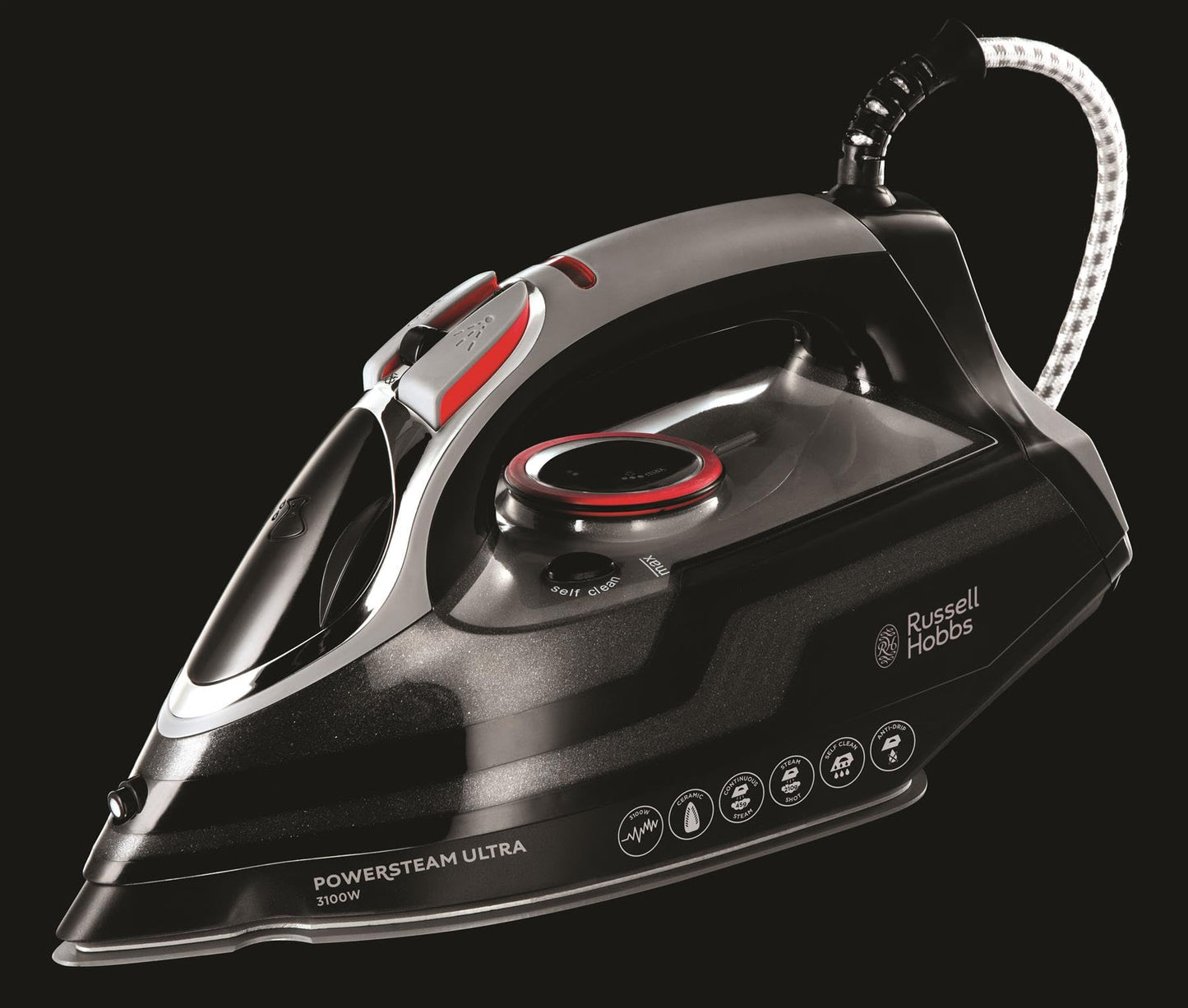 Russell Hobbs Steam Iron [3100W, 210 g/min extra steam boost, 70 g/min steam] Power Steam (350ml, ceramic soleplate, self-cleaning & spray water function, anti-limescale, drip stop) 20630