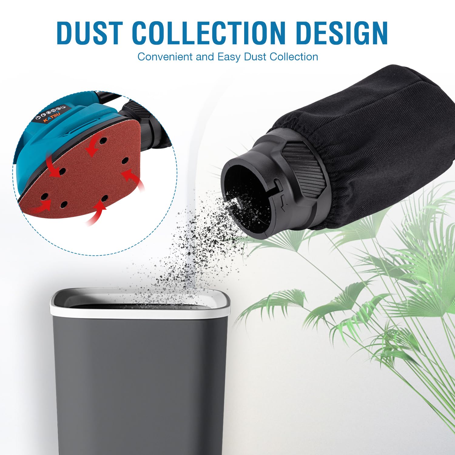 KATSU Tools Electric Detail Sander, 130W Palm Sander for Wood with Dust Collection and 10 PCs Sanding Pads, for Home Decoration DIY Furniture Finishing (Budget)