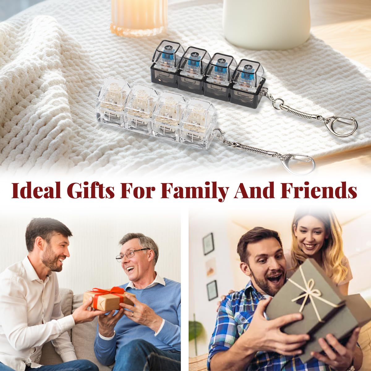 2 Pcs Keyboard Fidget Toy for Adults Fidget Keyboard Clicker Toys with LED Lights Keychain Stress Relief for Anxiety Decompression (Black and White)