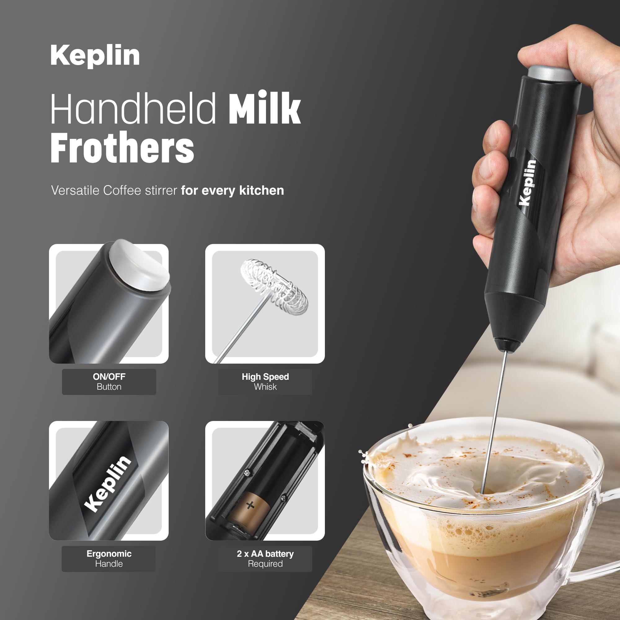 Keplin Handheld Milk Frother - Stainless Steel Electric Whisk - Portable Battery-Operated Coffee Frother for Lattes, Matcha, Protein Shakes - Ergonomic, Compact, Easy to Clean (Battery Not Included)