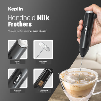 Keplin Handheld Milk Frother - Stainless Steel Electric Whisk - Portable Battery-Operated Coffee Frother for Lattes, Matcha, Protein Shakes - Ergonomic, Compact, Easy to Clean (Battery Not Included)